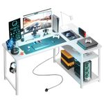 COMHOMA L Shaped Gaming Desk with Power Outlets Corner Computer Desk 110x80CM with Shelves Headphone Hook PC Table Workstation for Home Office Bedroom (White, 110CM)