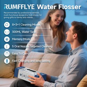RUMFFLYE Cordless Water Flosser – 3 Modes, 12 Pressure Levels, 5 Tips, 300ML, Black