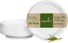 Signature Packaging Sturdy Round Paper Plates, Disposable and Biodegradable Dinnerware for Parties and Events, Eco-Friendly Compostable for Hot and Cold Food - Round 9” (24cm) 50 Plates per Pack