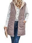 Womens 2023 Fall Sleeveless Fleece Vests Hoodie Reversible Jacket Mid Long Warm Winter Puffer Coat Zip Up Outerwear Full Zip Vest with Pockets Pink M