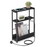 VASAGLE Slim Side Table with Charging Station, 3-Tier Narrow Bedside Table, End Table for Small Spaces, Magazine Rack, for Living Room, Bedroom, Study, Ebony Black and Ink Black LET335B03
