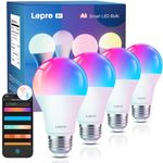 Lepro B1 AI Smart Bulbs, Colour Changing Light Bulb, Work with Alexa and Google Assistant, WiFi & Bluetooth LED Light Bulbs, Music Sync, Via Lepro+ App, RGBWW Dimmable LLM, A19 E26, 4 Packs