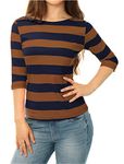 Allegra K Women's Elbow Sleeves Top Casual Boat Neck Slim Fit Stripe T-Shirt Brown Navy 12