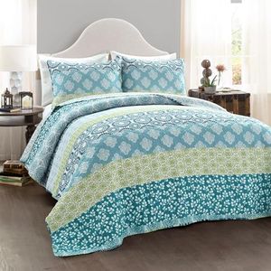 Lush Decor Bohemian Stripe Reversible Cotton Quilt Set, 3 Piece Set, Full/Queen, Blue & Green - Boho Bedding Set - Bold & Colorful - Striped Quilt - Maximalist & Boho Bedroom Decor