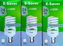 E-Saver - CFL Full Spiral - Energy Saving Light Bulbs - 24w = 120 Watt - (Pack of 3) - 4200k Cool White Light Bulbs - Bayonet Light Bulb (BC- B22- B22d)