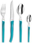 Lou Laguiole Rising Sun Cutlery Set for 6 People, 24 Pieces, Turquoise Shiny, Cutlery for 6 People, Dishwasher Safe, 18/0 Stainless Steel with Micro Teeth, 6 x Knife, Fork, Spoon and Coffee Spoon