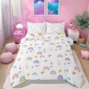 Erosebridal Rainbow Comforter Set Full Size,Cartoon Love Heart Bedding Set for Girls Boys Kids,Kawaii Stars Sun and Cloud Pattern for Children Teens,Multicolor Rainbow Bedroom Room Decor 3 Pieces