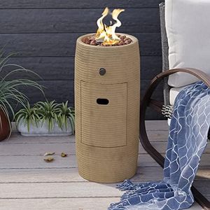 COSIEST Outdoor Propane Fire Pit Table w Compact Ledgestone 11-inch Round Graphite Base, CSA Certified, 15,000 BTU, Free Lava Rocks, Touch-up Pen, Rain Cover for Patio Garden (Marzipan)