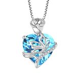 FJ March Birthstone Necklace for Women 925 Sterling Silver Aquamarine Necklace Butterfly Pendant Rose Flower Necklace Jewellery Gifts for Women Mom Wife Girls Her