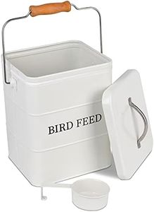 DEAYOU Metal Bird Seed Container with Scoop, Treats Storage Bin, Coated Carbon Steel, Tight Fitting Lid, White