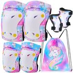 Unicorn Knee and Elbow Pads for Kids Girls 6 in 1 Adjustable Protective Gear Set with Drawstring Bag,3-8yrs