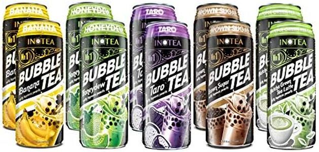 (Pack of 10) INOTEA Bubble Tea Variety Pack with ATIUS Thank You Card. Milk Tea with Boba Pearls in a Can (16.6oz/can). Assorted Flavors - 2 Cans of Each 5 Flavors (Brown Sugar, Taro, Matcha, Banana, Honeydew). Straws Included.