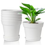 T4U 16CM Plastic Plant Pots 6-Pack, Medium Flower Planter with Drainage Hole and Saucer, Classic Indoor Outdoor White Plant Pots for Orchid, Peace Lily, Spider Plant, Snake Plant and All House Plants