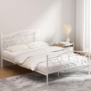 Artiss Double Bed Frame, Platform Metal Frames Beds Base Headboard Bedroom Room Decor Home Furniture, with Reinforced Bracket Support and Underbed Storage Space for Kids, Toddler and Adult White