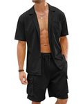 Fastkoala Mens Short Sets Tracksuits Suits Sweatsuits Full Open Button Lapel Shirt & Overalls Shorts Activewear 2 Pcs Black XXXL