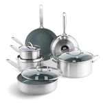 GreenPan Treviso Healthy Ceramic Non-Stick Stainless Steel Cookware, 10 pieces, Including Frying Pans Sauté Pan and Saucepan, PFAS-free, Induction, Oven Safe, Silver