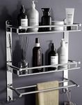 GLOXY Stainless Steel Double Layer Shelf with Towel Rod - Bathroom Shelves for Optimal Storage, with Sleek Chrome Finish - Durable Bathroom Accessories and Fittings (5D X 15W X 18H Inch)