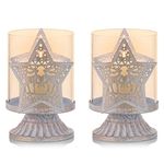 Sziqiqi Vintage Antique Metal Pillar Candle Holders Set of 2, Distressed Hurricane Candlestick Candle Holders Prefer Centerpieces for Christmas Table Mantle Fireplace Decoration, Star