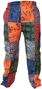 Gheri Mens Paisley Print Hippy Patchwork Lightweight Cotton Cargo Pants Animal Patch X-Large