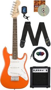 Fender Squier 3/4 Size Kids Mini Strat Electric Guitar Learn-to-Play Bundle w/ Amp, Cable, Tuner, Strap, Picks, Fender Play Online Lessons, and Austin Bazaar Instructional DVD - Competition Orange