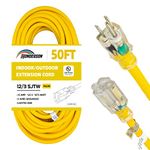 HONDERSON 50FT 12/3 Lighted Outdoor Extension Cord - 12 Gauge SJTW Heavy Duty Yellow Extension Cable with 3 Prong Grounded Plug for Safety,UL Listed