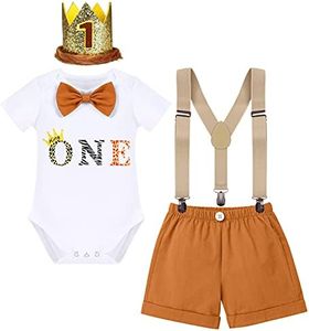 IBTOM CASTLE Baby Boy First Birthday Outfit Jungle Theme Romper+Shorts+Y-back Suspenders+Headband 4PCS Clothes Photo Props, Brown, 1 Years