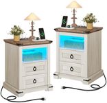 YITAHOME Farmhouse Nightstand with Charging Station, 2 Drawers Night Stand for Bedroom, LED End Table Side Table w/Open Shelf, Set of 2, Off White+Walnut Grain