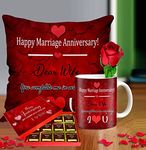 Midiron Romantic Gift for Wife On Anniversary Special | Birthday Gift for wife | Chocolate Gifts for Wife | Unique Anniversary Gift for Wife | Printed Cushion & Mug, Artificial Red Rose