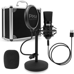 Pyle USB Microphone Podcast Recording Kit - Audio Cardioid Condenser Mic w/Desktop Stand and Pop Filter - for Gaming PS4, Streaming, Podcasting, Studio, YouTube, Works w/Windows Mac PC - PDMIKT120