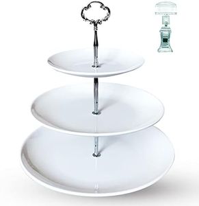 3 Tier Serving Tray,White Cupcake Stand,Cake Stand,Three Tiered Dessert Pastry Stand,Fruit Tea Party Stand(Melamine Material,Large Size.Silver Rod) with A Table Number Holder