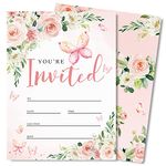 AnyDesign 20 Sets Butterfly Pink Floral Invitation with Envelopes Stickers 5 x 7 Inch Watercolor Flower Invitation Cards Blank Invites for Wedding Bridal Baby Shower Birthday Dinner Party