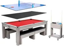 7FT 3-in-1 Pool Table with Dining Top & Table Tennis | Billiard Table Set with Accessories (Balls, Cues, Ping Pong) | HDF Wood Grain Finish | Includes Rolling Storage Caddy