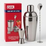 EVOKK Cocktail Shaker Set, 3 Pcs Satinless Steel Cocktail Making Set with 750 ml Shaker, Double Jigger 25 & 50 ml & 27.5cm Mixing Spoon, Baternder Cocktail Kit for Home, Christmas & Party