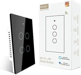 MOES 2.4GHz WiFi Wall Touch Smart Switch Neutral Wire Required, 3 Way Multi-Control, Glass Panel Light Switch Work with Smart Life/Tuya App, RF433 Remote Control, Alexa and Google Home Black 4 Gang