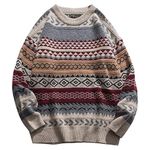 Arssm Mens Vintage Sweater Grandpa Oversized Cable Knit Crewneck Pullovers Casual Long Sleeve Striped Sweater, Red, Medium