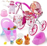 seppacio Baby Doll Stroller Toys Set with 12.5" Doll for 3-7, Foldable Stroller, Dining Chair, Accessories & 1 Outfits,Pretend Play Baby Doll Toys for Girls Ages 3-7