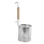 DAYANIDHI Stainless Steel Pasta And Noodle Strainer Basket | Micro-Perated Mesh Design With Sturdy Wooden Handle | Anti-Corrosion Spider Drainer (1Piece, 35.5 X 14 X 14 Centimeters, Silver)