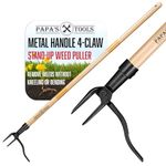 Papa's Tools Weeder - Stand Up Weed Puller Wooden Long Handle - Real Bamboo & 4-Claw Steel Head - Easily Remove Weeds Effortlessly Without The Need to Tug, Bend, Or Flex, (Wood/Detachable)