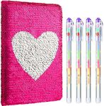 Outus Sequin Girls Journal Set with 4 Pieces Color Gel Ink Pens Reversible Diary Flip Sequin Notebook Glitter Writing Journal for Girls Gifts Teens(Vibrant Pink,Heart)