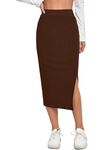 ALYNE Women's Elastic Waist Pencil Bodycon Midi Skirt - High Waisted with Side Slit Below Knee Length Elegance for Women Brown