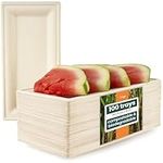 HAAGO - 10" Heavy Duty Sugarcane Bagasse Serving Platter Disposable Trays for Hot & Cold Food, Eco-Friendly Biodegradable and Compostable Plates for Barbecue Party - 26cm x 12cm (100 Pack)