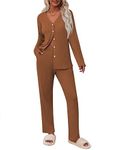 Ekouaer Womens Waffle Knit Pajamas Long Sleeve Lounge Set Button Up Pjs Loungewear with Pockets Brown S