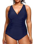 Aqua Eve Women Plus Size One Piece Swimsuits V Neck Tummy Control Bathing Suits Retro Ruched Swimwear Blue 14 Plus