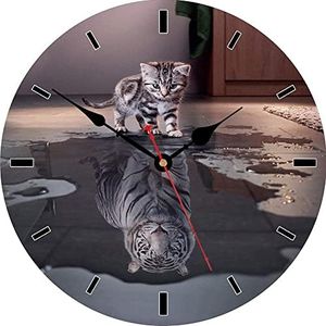 VIKMARI 8 Inch Quartz Movement Silent Non-Ticking Wooden Wall Clocks Cat and Tiger Pattern Round Clock for Kitchen Study Office School Bathroom Living Room Decorations