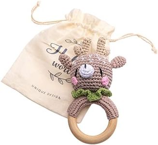 Wooden Baby Rattle Lovely Crochet Elk Ring Rattle, Newborn Animal Rattle Toys, Baby Toys for Baby and Infant, Brown Elk