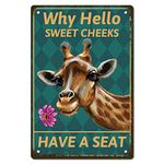 CREATCABIN Giraffe Metal Tin Sign Why Hello Sweet Cheeks Sign Vintage Funny Animals Metal Poster Wall Art Garden House Plaque for Bathroom Kitchen Cafe Wall Halloween Christmas Decor, 8 x 12 Inch