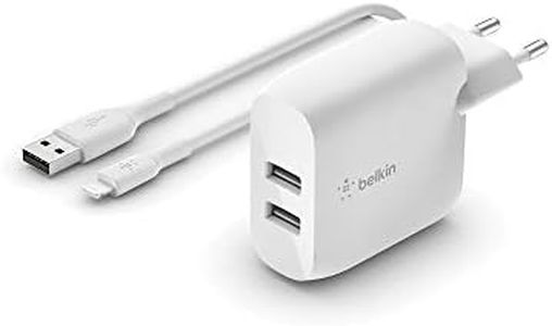 Belkin Chargeur secteur 2 ports USB-A Boost Charge 24 W avec câble USB-A vers Lightning (iPhone 12, 12 Pro, 12 Pro Max, 12 mini, SE, 11, 11 Pro, 11 Pro Max, XS, XS Max, XR, X, 8, iPad, AirPods, etc.)