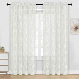 DWCN Elegant Sheer Curtains Floral Lace Curtains Rod Pocket Window Curtains Drapes for Bedroom, Each W132 x D213 cm, Set of 2 Panels, Ivory