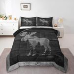 Moose Cabin Bedding Set Wild Animal Jungle Pine Trees Silhouette Comforter Set for Kids Teens Adults Gray Wooden Stripes Grid Rustic Down Comforter with 2 Pillowcases King Size 3 Pcs