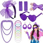 Kareeran 80s Fancy Dress for Women Girls, 17Pcs Ladies 80s Accessories, 90s Retro Headbands Earrings Fishnet Gloves Sunglasses for Dress Up Party